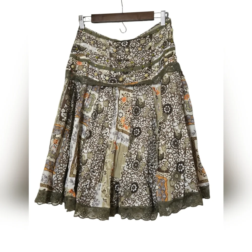 Beaded Floral Patchwork A-Line Midi Skirt in Olive Sz Sm NWT - Picture 2 of 3